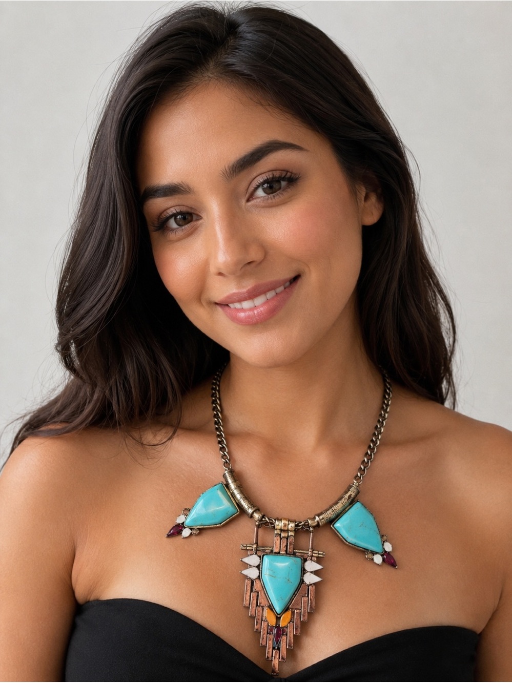 Statement Turquoise Tribal Necklace Gold Tone Art Deco Pendant